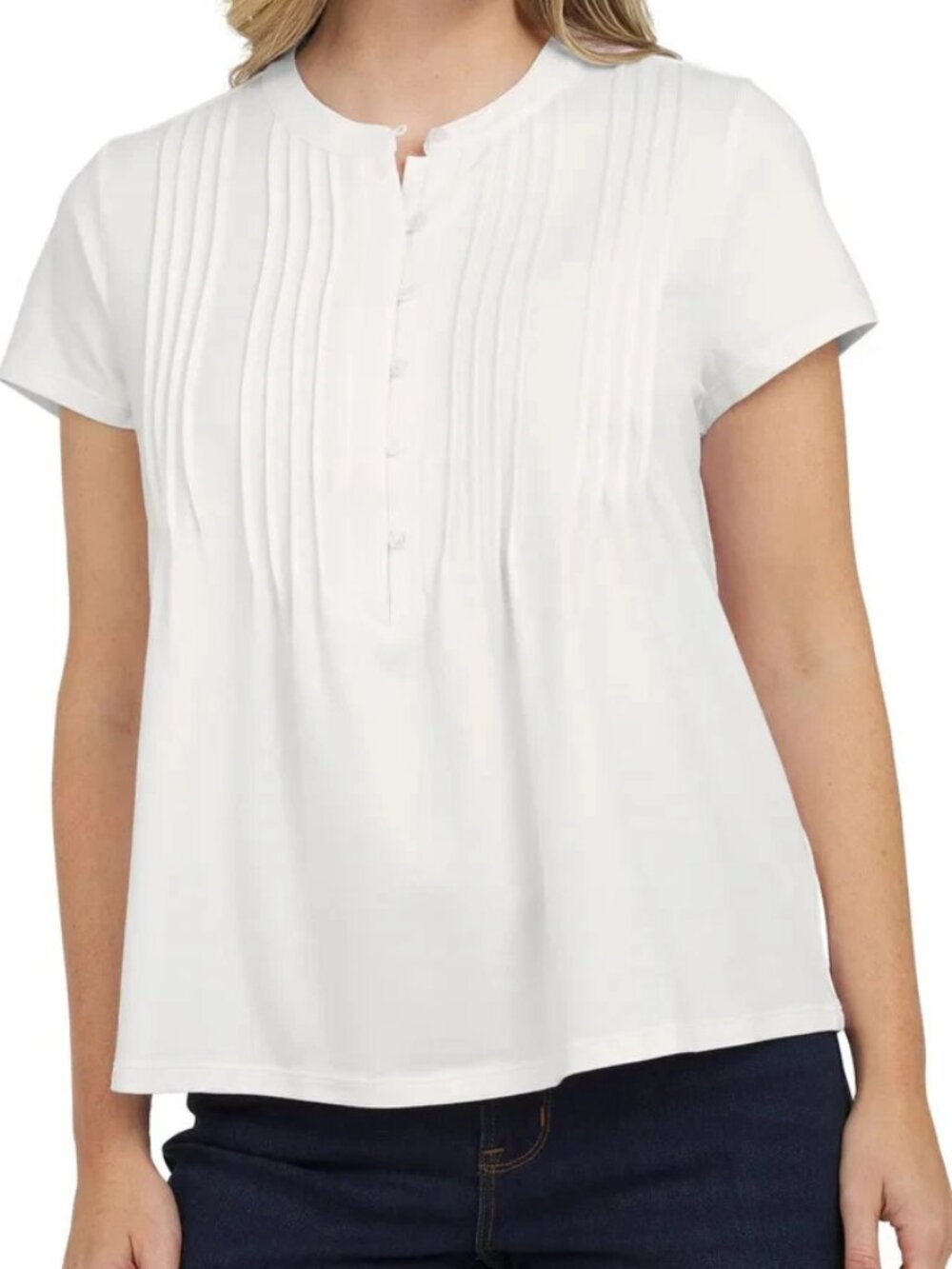 Lands' End White Pintuck Top XL Women's Short Sleeve Button Front NWT